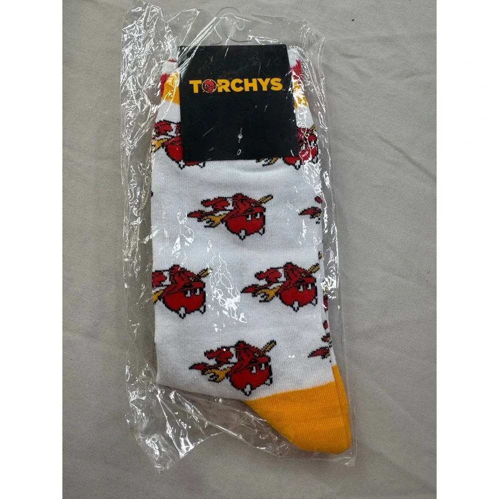 Torchy's Tacos Red Devil Mascot Crew Socks White Yellow Red Stripe New NIP‎